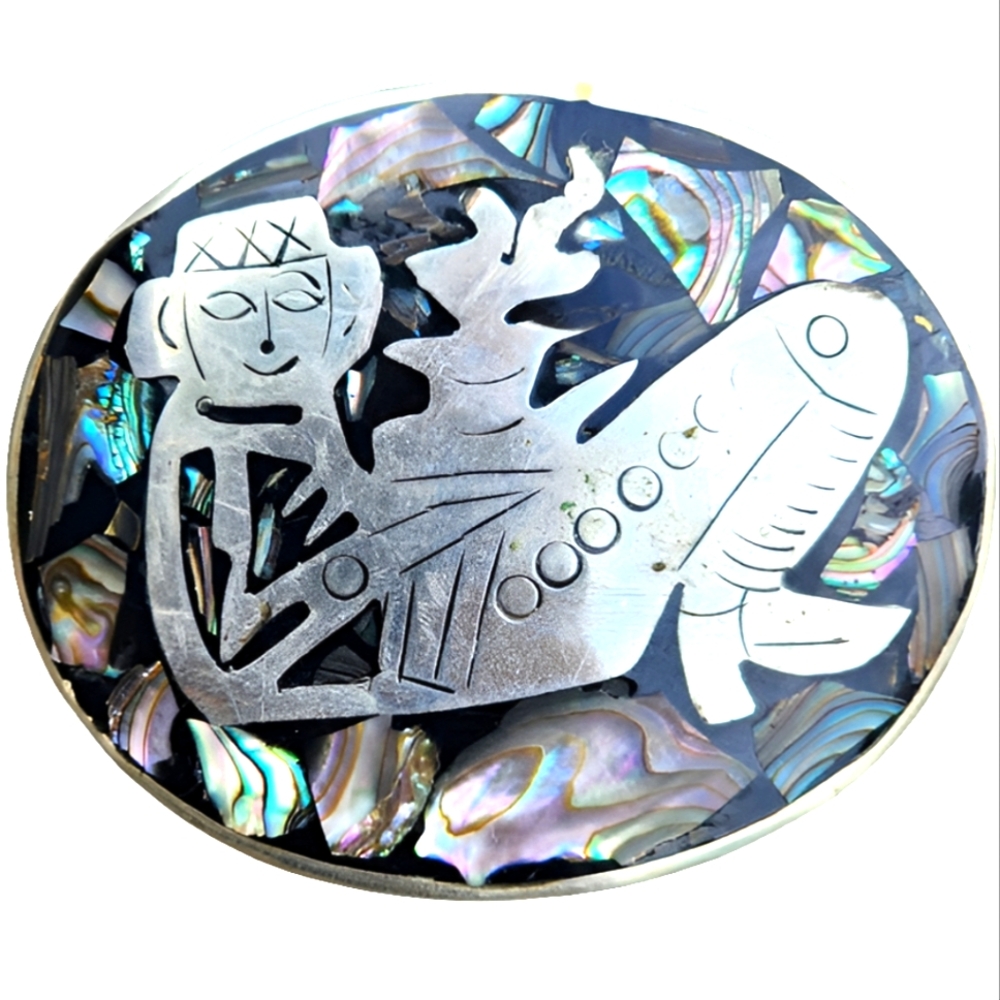 Vintage mother of pearl inlay Mexican belt buckle with figure